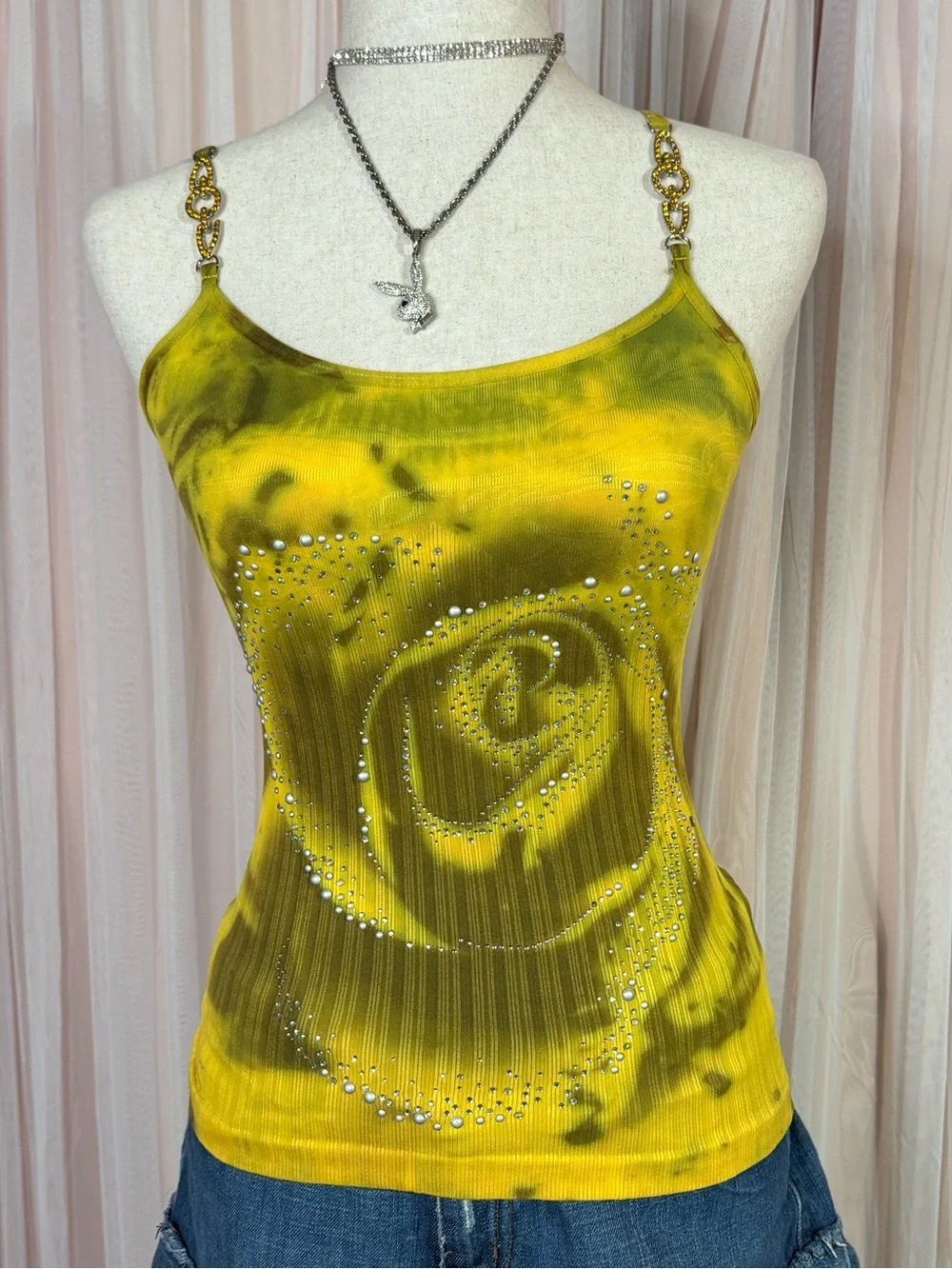 Yellow Rose-Print Chain-Strap Rhinestone Tank Top - Picture 1 of 10